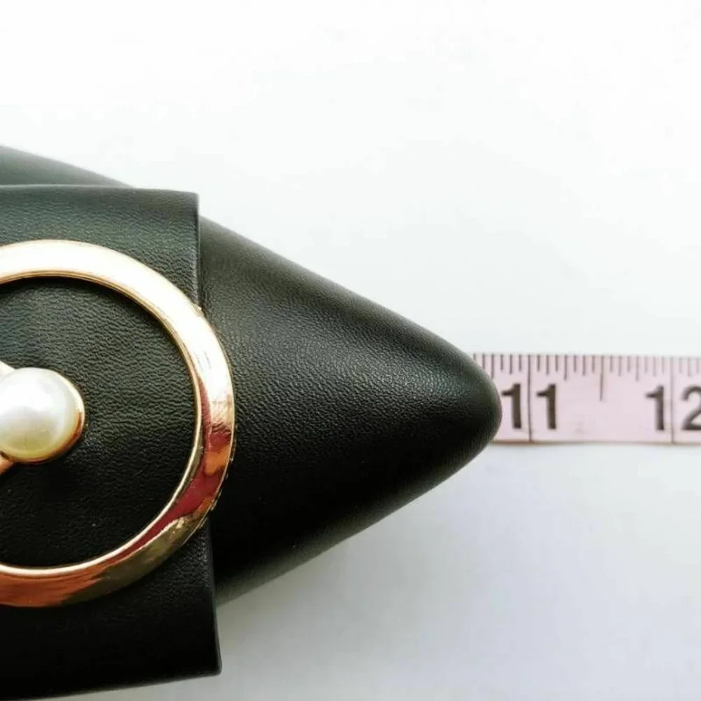 Black Pointed Toe Pumps with Gold Ring & Pearl Accent